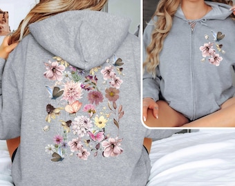 Pressed Flowers Zip Hoodie: Cottagecore Floral Garden Sweatshirt