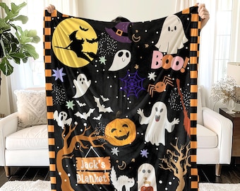 Personalized Kids Halloween Blanket: Spooky Ghost Pumpkin Throw