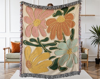 Boho Floral Woven Blanket - Retro Floral Tapestry Throw - Bohemian Home Decor