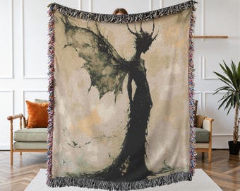 Gothic Dark Angels Woven Blanket – Witchy Home Décor Throw, Occult Tapestry Blanket