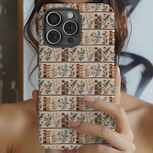 Geborduurd leesgrage iPhone-hoesje- Cottagecore Book Lover Gift - bloemenboekenkast Samsung Galaxy s23 s24 s22 - Google Pixel iPhone 16 15