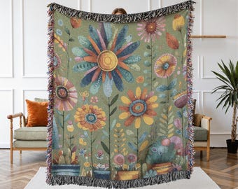 Woven Floral Blanket: Boho Wildflower Throw, Garden Wall Hanging