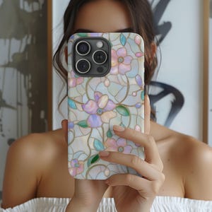 Floral Faux Stained Glass Tough Case - Aesthetic iPhone 16 iPhone 15 14 13 12 pro max Gift - Pixel 8 Samsung Galaxy S24 S23 S22 Phone Case