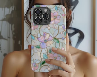 Telefoonhoesje met bloemen en gebrandschilderd glas – stevig hoesje