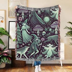 Forest Woven Blanket - Dark Acedemia Home Decor - Witch Tapestry -, Fringed Ghost Blanket - Cottagecore Forestcore Decor - Witchy Gifts