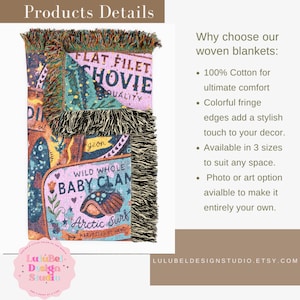 Details of our woven blanket  100 percent cotton, woven not printed, colorful fringe edges which adds a stylish touch.  Available in 3 sizes, perfect for your ideal use.
