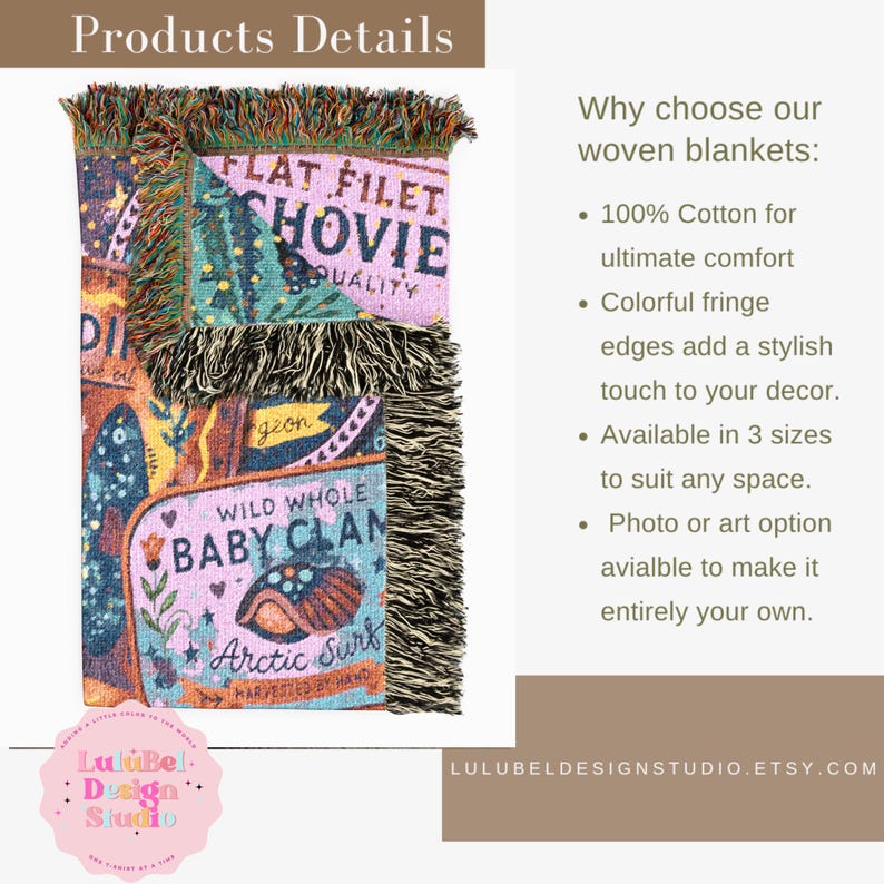 Details of our woven blanket  100 percent cotton, woven not printed, colorful fringe edges which adds a stylish touch.  Available in 3 sizes, perfect for your ideal use.