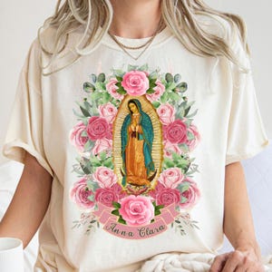 Camiseta personalizada de la Virgen de Guadalupe - Regalos mexicanos personalizados - Regalos personalizados con el nombre de la Virgen María - Camiseta católica para mujer - Camiseta religiosa
