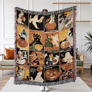 Retro Halloween Decke - Vintage Collage Überwurf für Sofa, Couch, Bett, Wandbehang - Gruselige Wandbehang - Halloween Geschenk
