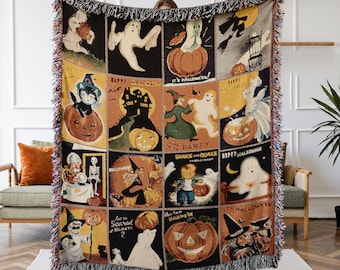 Retro Halloween Woven Blanket: Vintage Collage Cotton tapestry Throw