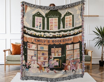 Personalized Book Lover Woven Blanket - Custom Bookshop Name Tapestry Throw
