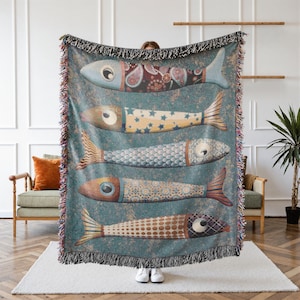Sardine Fish Woven Blanket with Fringe – Coastal Picnic Throw – Boho Ocean Tapestry – Fisherman Gift – Nautical Home Decor for Sea Lovers
