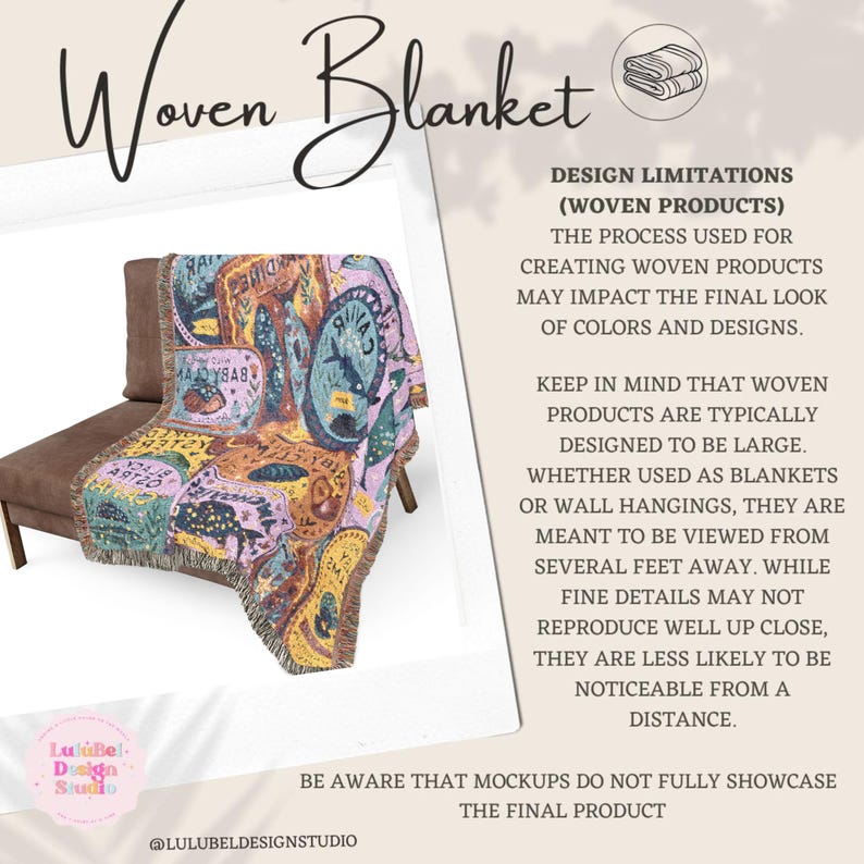 Graphic explaining woven blanket design limitations, showing a striped woven throw draped over a chair with text about color variation, scale, and viewing distance.