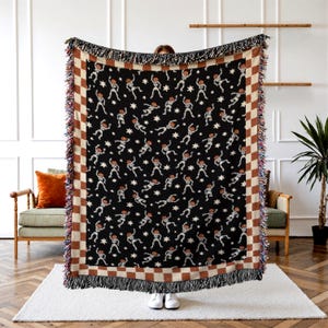Halloween Dancing Skeleton Woven Blanket - Whimsical Skull Checker Throw - Retro Spooky Home Decor