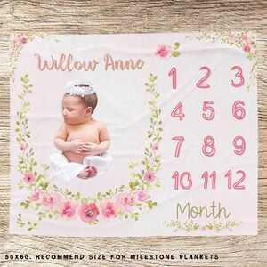 Rose Baby Girl Milestone Blanket - Custom Newborn Name Blanket - Personalized Baby Shower Gift - Boho Infant Growth Blanket - Month Blanket