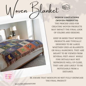 The process used for creating woven products may impact the final look of colors   Keep in mind this product is intended to be appreciated from a distance.  Fine details may not produce well close up.   Mockups do not full represent final product