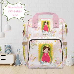 Mochila pañalera Virgen de Guadalupe, regalo personalizado para baby shower de la Virgen María, regalo mexicano personalizado para mamá primeriza, regalo católico para bautismo.