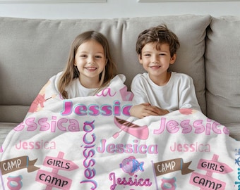 Personalized Kids Camp Blanket: Girls Camping Travel Blanket