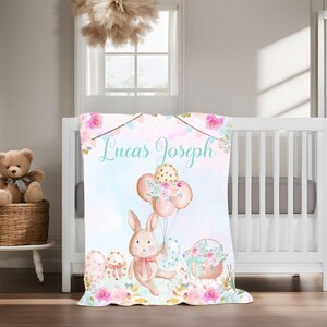 Personalized Girl Bunny Blanket - Custom Name Baby Blanket - Newborn Baby Shower Gift - Cute Easter Rabbit Throw Blanket - New Baby Gift -