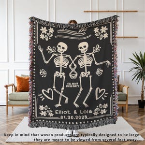 Personalized Skeleton Couple Woven Blanket - Custom Name & Date Throw - Til Death Do Us Part Tapestry - Goth Anniversary or Engagement Gift