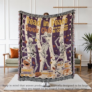 Halloween Reading Woven Blanket - Book Club Skeleton Woven Throw for Book Lovers - Spooky Season Reading Decor - Cozy Fall Gift for Readers