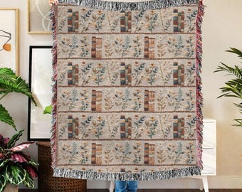 Manta de tapiz tejida con temática de libros: manta floral estilo cottagecore