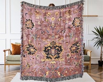 Persian Style Woven Blanket, Pink Boho Throw Gift for Living Room or Bedroom, Made in the U.S.A.