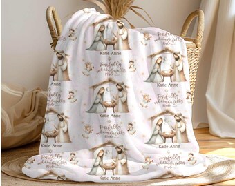 Personalizowany kocyk bożonarodzeniowy dla dziecka z motywem szopki bożonarodzeniowej – katolicki kocyk na baby shower, chrzest lub do pokoju dziecięcego