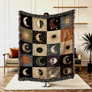 Manta Boho Chic de Sol y Luna - Tapiz Cósmico Tejido para Dormitorio - Regalo Único para Amantes de la Astrología - Decoración de Dormitorio de Brujas - Regalo Astrofílico