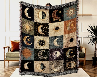 Boho Sun and Moon Woven Cotton Blanket: Astrology Decor