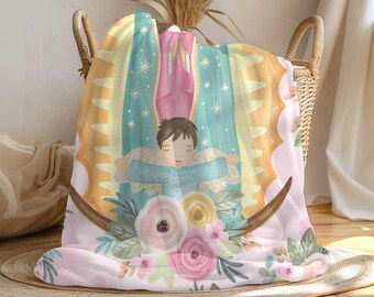Virgen de Guadalupe Sherpa Fleece Blanket - Pink Floral Catholic Throw for Baby