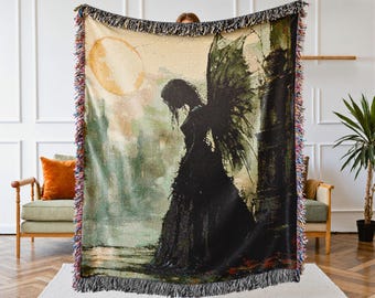 Gothic Angel Woven Cotton Blanket - Alternative Decor - Dark Academia Throw
