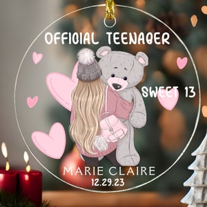 Teenager Birthday Ornament, Granddaugher Sweet 13 Gift, Girls Pink Hearts Decor, Custom Tween Name Ornaments, Cute Teenager Xmas Decoration