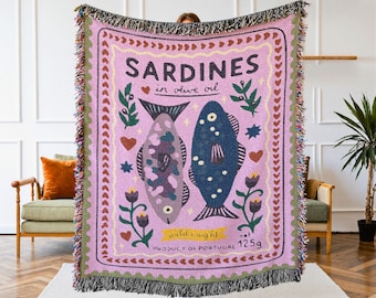 Sardine Tin Woven Blanket - Beach Picnic Throw - Tinned Fish Decor - Beach House Decorations