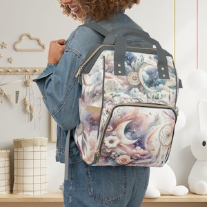 Himmlische Windeltasche, Goth Floral Krankenhaustasche, Mond wasserdichter Babyrucksack, neue Mutter-Baby-Geschenke, Boho-Babypartygeschenke,