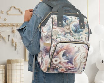 Celestial Diaper Backpack, Goth Floral Moon Design, Waterproof Baby Bag