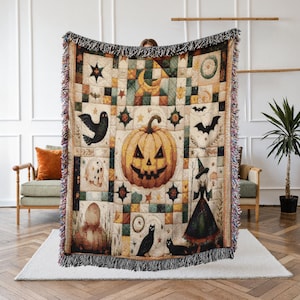 Halloween Pumpkin Woven Blanket, Vintage Fall Throw, Witchy Halloween Decor, Gothic Jack o Lantern Tapestry - Cozy Haunted Housewarming Gift