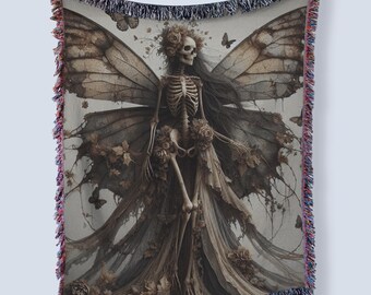 Witch Skeleton Woven Blanket: Gothic Macabre Cottagecore Decor