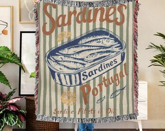 Manta tejida de sardinas: manta retro de pescador, decoración de casa de playa