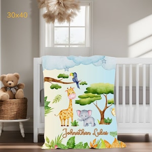 Safari Baby Name Blanket - Personalized Baby Swaddle - Giraffe Elephant baby gifts - Safari Baby Bedding - Baby Boy Safari Nursery Decor