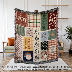 Christmas Patchwork Woven Blanket - Vintage Holiday Throw with Santa, Trees & Plaid - Cozy Farmhouse Christmas Decor - Winter Tapestry Gift