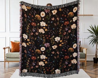 Cottagecore Woven Blanket: Boho Wildflower Throw, Vintage Floral Fringe