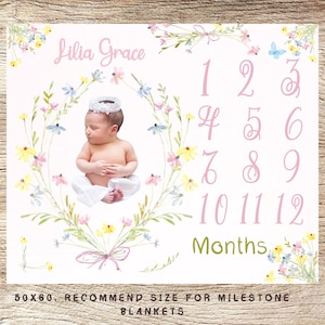 Wild Flower Milestone Blanket - Custom Baby Girl Name Blanket - Personalized Baby Shower Gift - Boho Infant Growth Blanket - Month Blanket