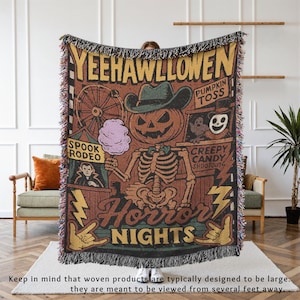 Western Halloween Horror Woven Blanket - Spooky Skeleton Cowboy Throw with Pumpkins - Retro Goth Fall Decor - Gothic Rodeo Tapestry Gift
