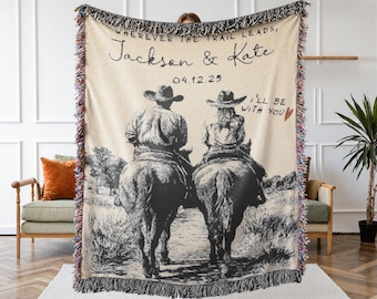 Personalized Western Couple Woven Blanket - Custom Wedding or Anniversary Tapestry with Names & Date