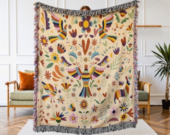 Mexican Otomi Bird Woven Blanket - Maximalist Floral Throw - Traditional Mexico Folk Art Design Tapestry