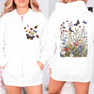 Pressed Flowers Zip Hoodie – Cottagecore Floral Sweatshirt – Boho Garden Zip-Up – Aesthetic Summer Hoodie – Cozy Gift for Flower Lovers