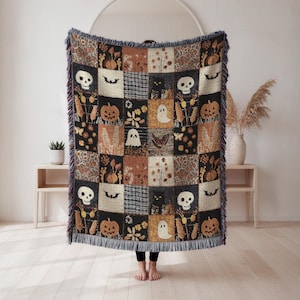 Manta tejida de patchwork para Halloween, manta fantasmal espeluznante, decoración floral otoñal para el hogar