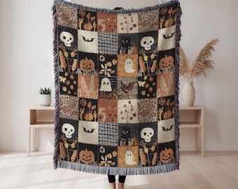 Halloween Patchwork Woven Blanket, Spooky Ghost Throw, Witchy Floral Fall Home Decor