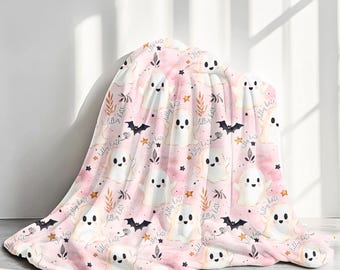 Manta de fantasma personalizada: manta de felpa de terciopelo rosa para Halloween